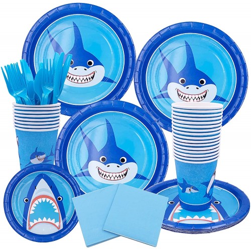 Yinuoday Birthday Party Supplies Tableware Set Cute Shark Print Birthday Dinnerware Set with Banner Plates Napkins Tablecloth Forks for 16 Guest
