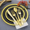 YOUBET 175Pieces Black Plastic Plates with Gold Rim& Gold Plastic Silverware& Gold Plastic Cups include 25Dinner Plates,25Salad Plates,25Knives,25Forks,25Spoons,25Tumblers 25Napkins