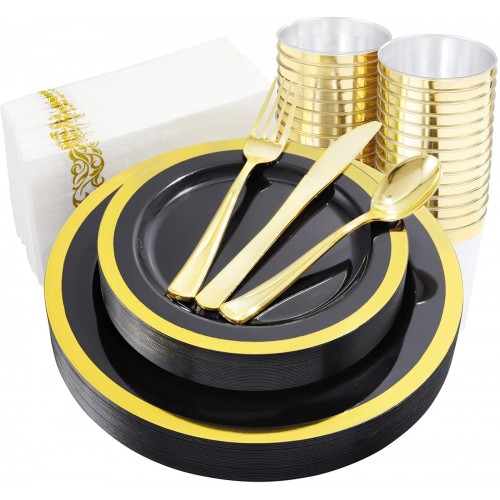 YOUBET 175Pieces Black Plastic Plates with Gold Rim& Gold Plastic Silverware& Gold Plastic Cups include 25Dinner Plates,25Salad Plates,25Knives,25Forks,25Spoons,25Tumblers 25Napkins