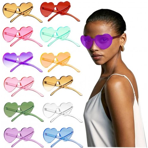 12 Pack Rimless Heart Shaped Sunglasses Cool Sunglasses Jelly Fudge Series Heart Shaped Glasses Bachelorette Party Favor Colorful Fun Sunglasses Plastic Transparent Frameless Sunglasses Party Supplies