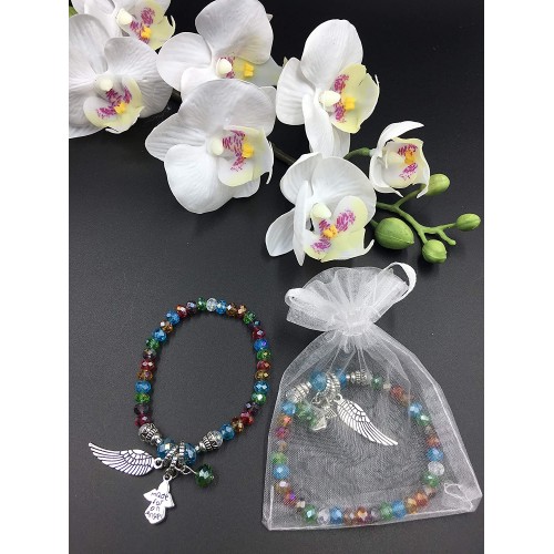 12 Pcs Angel Wing Cross Rainbow Bracelet Favor With Organza Bags for Boy and Girl Baptism Favor Christening Favor Bautizo Recuerdos