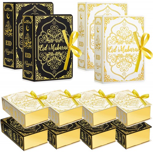 12 Pcs Ramadan Eid Mubarak Favor Boxes Eid Mubarak Treat Box Party Favors Square Candy Ramadan Box with Golden Ribbon for Eid Party Decoration Supplies Snack Sugar Chocolate Goodie Toy 2 Styles