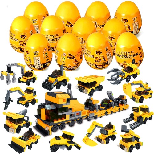 12Pcs Pre Filled Easter Eggs with Construction Vehicles Building Blocks Egg Surprise Toys for Easter Basket Stuffers Easter Party Favors Easter Basket Filler Easter Egg Hunt Classroom Prize Toys