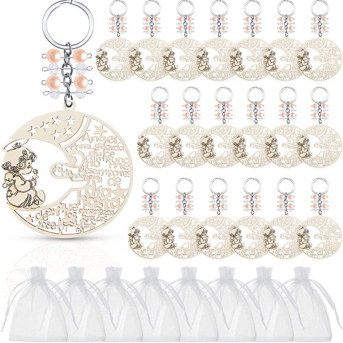 20 Pieces Baptism Wood Keychains Angle Moon Design Baptism Favors with Organza Bags for Boy Girl Baby Shower Baptism Christening Supplies Elegant Style