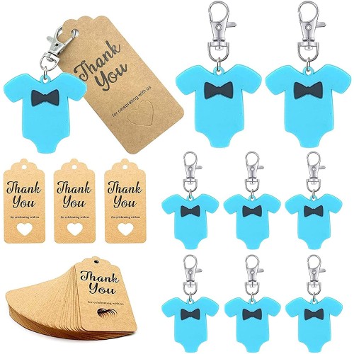 20 Sets Baby Shower Return Gifts for Guests Blue Jumpsuits Keychains + Thank You Kraft Tags for Baby Shower Jumpsuits Theme Party Favors Goodie Bag Decor for Boy Birthday Party Supplies