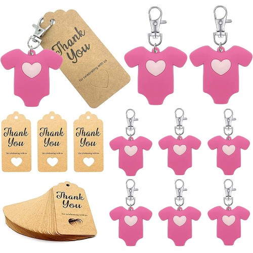 20 Sets Baby Shower Return Gifts for Guests Pink Jumpsuits Keychains + Thank You Kraft Tags for Baby Shower Jumpsuits Theme Party Favors Goodie Bag Decor for Girl Birthday Party Supplies