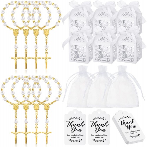 200 Pieces Baptism Favors Set 50 Pieces Mini Rosary 50 Pieces Baptism Gift Boxes 50 Pieces White Organza Bags with Drawstring 50 Pieces Thank Tags for Baby's Christening Communion Party Favors