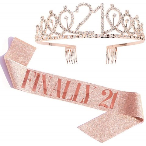 21st Birthday Gifts for Her 21 Birthday Tiara Sash for Her Rose Gold 21 Year Old Birthday Party Decoration Favors with Gift Box 2 PCS
