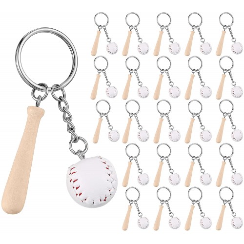 24 Pieces Wooden Bat with Baseball Keychain Mini Baseball Keyring Sports Keychain for Team Sports Souvenir Favors Victory Parties Athletes