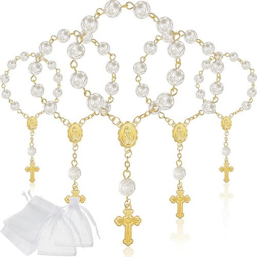 30 Pieces Mini Rosaries Baptism Rosary Beads Recuerdos De Bautizo Acrylic Ivory Color Finger Baptism Rosaries Gold Plated Faux Pearls with Organza Bags for Christening Weddings Party Favors Gold