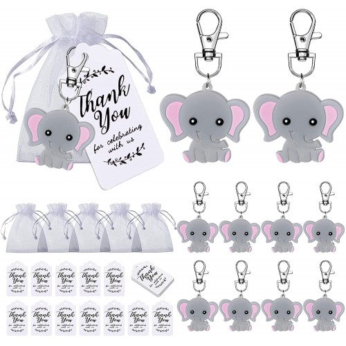 40 Sets Baby Shower Return Favor Including Elephant Keychain Organza Bag and Thank You Paper Card for Elephant Theme Party Favor Baby kids Shower Favors Boys Birthday Party Supplies Pink