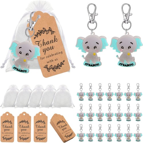 48 Sets Baby Shower Return Favors for Guests Thank You Gift Baby Elephant Keychains Organza Bags Thank You Kraft Tags for Elephant Theme Party Favors Girls and Boys Kids Birthday Party Boy Style