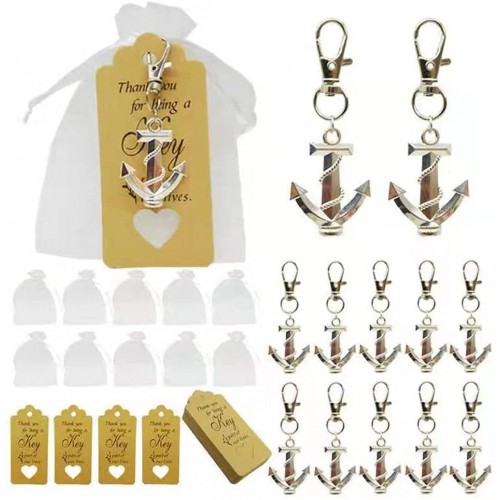 Aizhuang 50Pcs Anchor Keychain Party Favor Wedding Favors for Guests Creative Souvenirs Gifts with Drawstring Gift Bags and Thankyou Tags for Nautical Theme Wedding Party Decorations