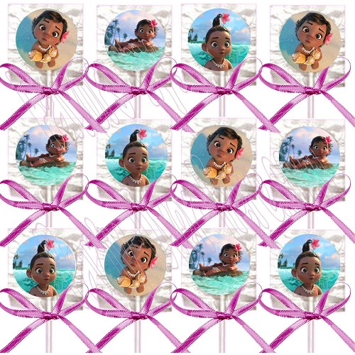 Baby Moana Party Favors Supplies Decorations Movie Lollipops w  Hot Pink Ribbon Bows Party Favors -12 pcs