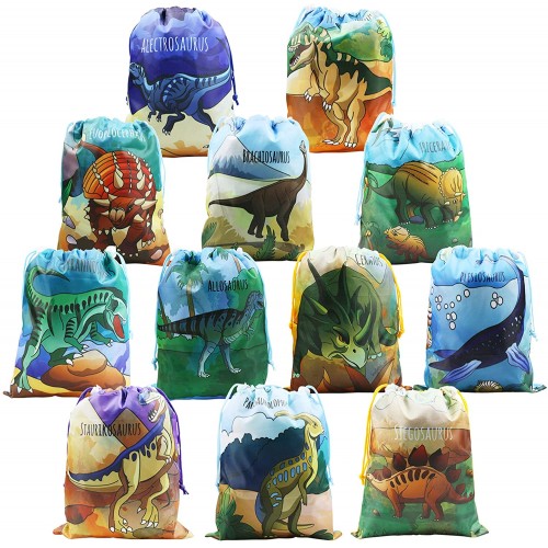 BeeGreen Dinosaur Party Supplies Favors Bags for Kids Boys and Girls Birthday 12 Pack Dino Drawstring Gift Pouch for Goody