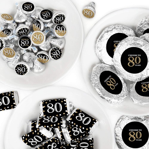 Big Dot of Happiness Adult 80th Birthday Gold Mini Candy Bar Wrappers Round Candy Stickers and Circle Stickers Birthday Party Candy Favor Sticker Kit 304 Pieces