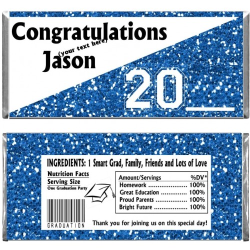Blue Graduation Glitter Design Party Personalized Custom Chocolate Candy Bar Wrappers ONLY Set of 24