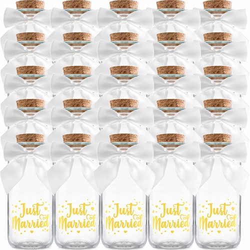 Ethisa Just Married Wedding Reception Bottles 25 Pack Bulk Gold Glass Bottles for Favors Wedding Party Souvenirs with White Ribbons and Thank You Stickers for Guests