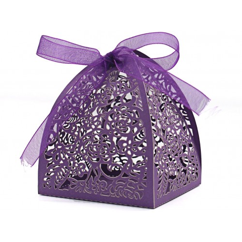 KEIVA 70 Stück lasergeschnittene Rosen Süßigkeiten-Boxen 6,3 x 6,3 x 8,1 cm Geschenkboxen für Brautparty Jahrestag Geburtstag Party Hochzeit Gastgeschenk Purple-100
