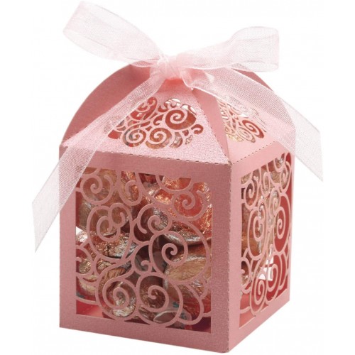 KPOSIYA 70 Pack Wedding Favor Boxes Laser Cut Boxes Party Favor Box Small Gift Boxes Lace Candy Boxes for Wedding Bridal Shower Baby Shower Birthday Party Anniverary with Ribbons Pink 70