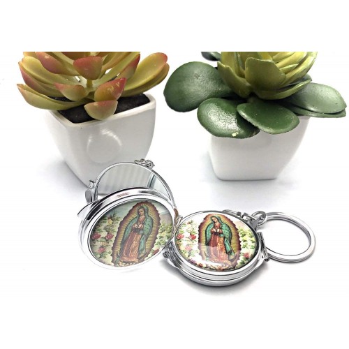 OOKI-12 PCS Baptism Favor Christening Favor First Communion Favor Mini Compact Mirror Keychain Favor with Organza Bag Our Lady of Guadalupe