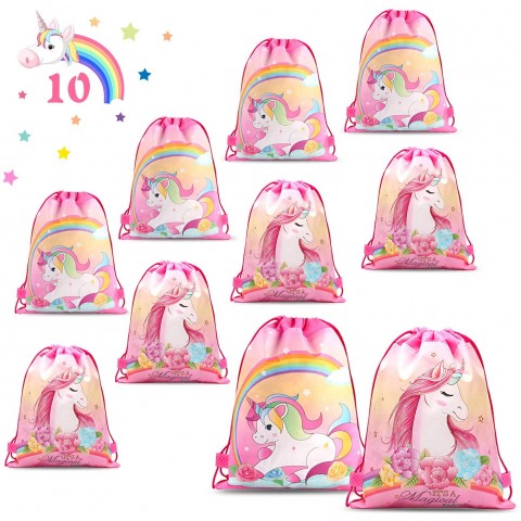PHOGARY 10 Pack Unicorn Party Favor Bags for Kids Girls Drawstring Gift Bags Birthday Party Supplies Goodie Favor Bags Double Side Printed