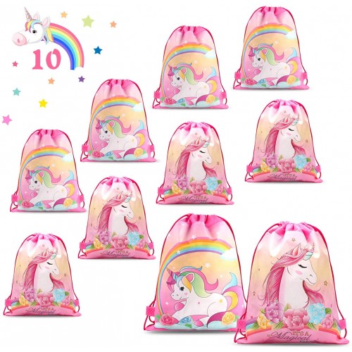 PHOGARY 10 Pack Unicorn Party Favor Bags for Kids Girls Drawstring Gift Bags Birthday Party Supplies Goodie Favor Bags Double Side Printed