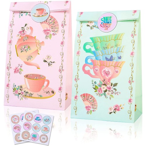 Tea Party Favor Bags Decoration Candy Goodies Treat Paper Bags with Stickers for Tea Themed Birthday Party Baby Shower Favor Supplies 12pcs