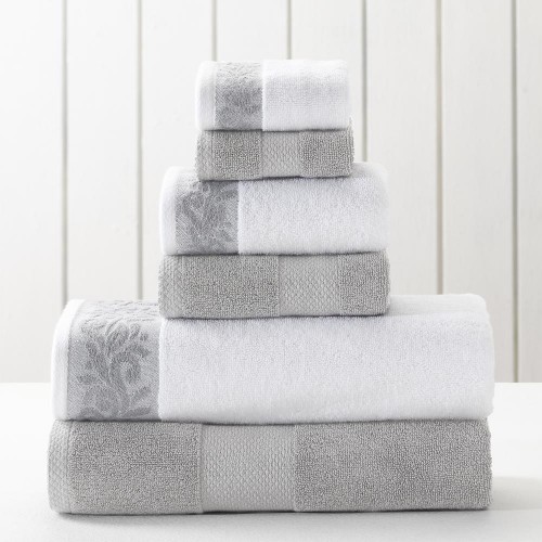 Bathroom Towels| Amrapur Overseas 6-Piece Silver Cotton Bath Towel Set (filgree with jacquard border) - ZK47244