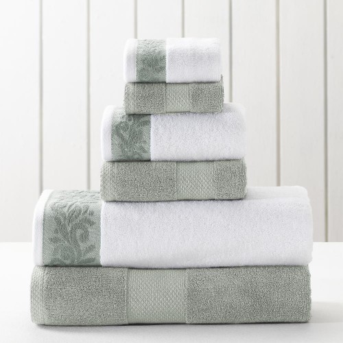 Bathroom Towels| Amrapur Overseas 6-Piece Silver Sage Cotton Bath Towel Set (filgree with jacquard border) - PS61299