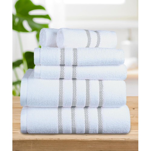 Bathroom Towels| Micro Cotton 6-Piece White/Micro Gray Cotton Bath Towel Set (Ethicot) - HB86880