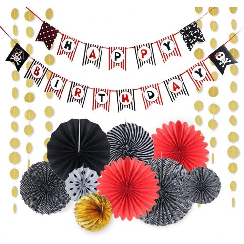 12pcs Pirate Birthday Party Decoration Kit Paper Fans Happy Birthday Black Red Striped Banner Sea Sailing Nautical Party Supplies