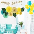 26pcs Tropical Hawaii Birthday Party Set Happy Birthday Banner Cake Topper Paper Fans Palm Leaves Yellow Blue Balloons