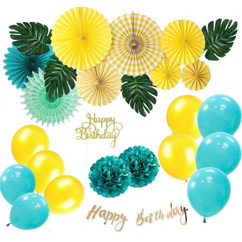 26pcs Tropical Hawaii Birthday Party Set Happy Birthday Banner Cake Topper Paper Fans Palm Leaves Yellow Blue Balloons