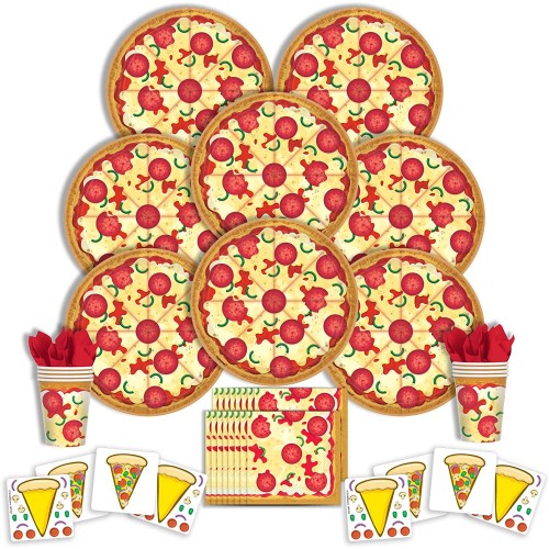 B-THERE Pizza Party Supplies Any Occasion Party Pack Seats 8: Napkins Plates Cups and Stickers Childrens Pizza Party Supplies