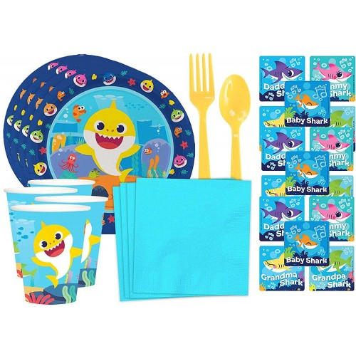 Baby Shark Birthday Party Supply Pack! Includes Plates Napkins Cup Utensils & Sticker Favors!