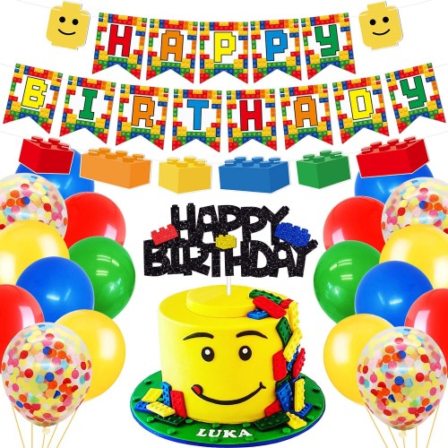 Building Blocks Themed Birthday Party Decorations Pack Includes Glitter Cake Topper Banners and Balloons Summer Colorful Themed Bday Party Pack Supplies