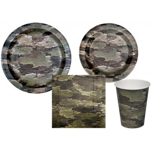 Camo Party Supply Pack Bundle Includes Paper Plates Napkins and Cups for 8 Guests