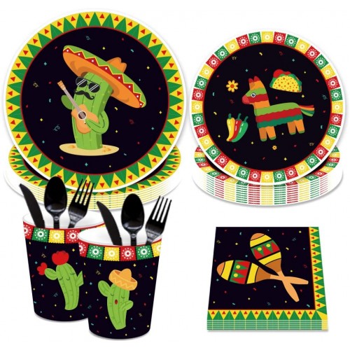 CC HOME 141PCS Mexican Fiesta Supplies Pack – Serves 16 – Includes Plates Cups and Napkins. Mexican Fiesta Supply Tableware Set Kit for Baby Shower,Birthday Party Wedding Party Decorations