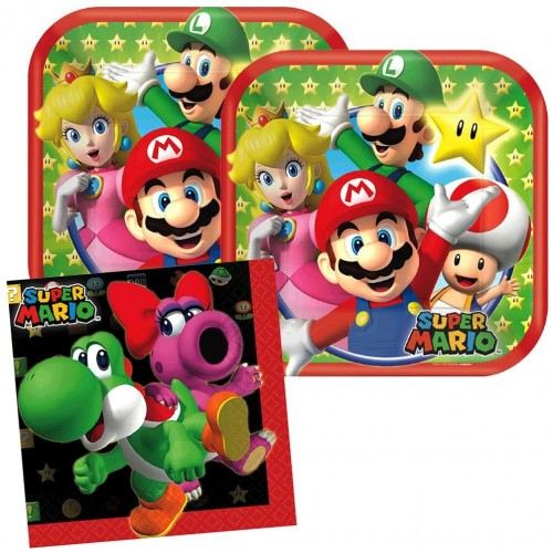 Cedar Crate Market Super Mario Party Supplies Pack for 16 Guests Includes: 16 Dessert Plates and 16 Beverage Napkins,Red Green Yellow