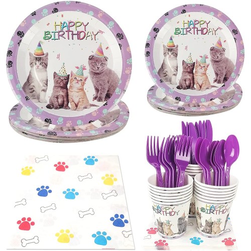 Cieovo Cute Kitten Party Supplies Set Serves 16 Guest Includes Party Plates Cups and Napkins Party Pack Perfect for Cat Themed Birthday Baby Shower Parties Decorations