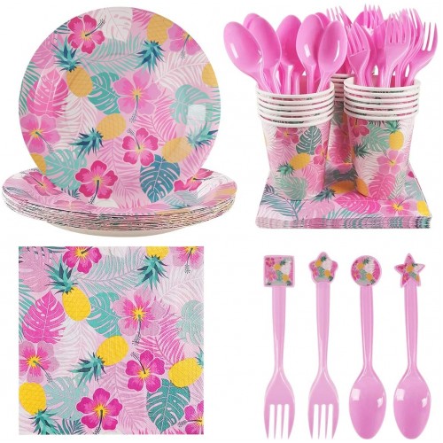 Cieovo Hawaiian Pineapple Party Supplies Serves 18 Guest Includes Party Plates Spoons Forks Cups Napkins Party Pack for Hawaiian Aloha Tropical Themed Birthday Shower Party Decorations