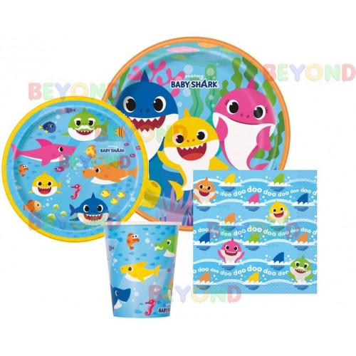 Four-seasonstore Baby Shark Party Supplies Express Pack for 8 Guests Napkins & Plates Cups