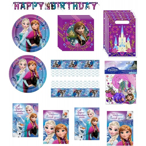 Frozen Princess Elsa Anna Birthday Party Supplies Decoration Bundle for 16 includes Plates Napkins Table Cover Happy Birthday Banner Invitations Thank you Notes Loot Bags 48 Piece Party Favors Pack