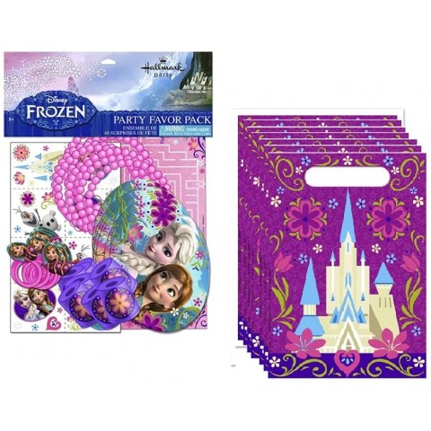 Frozen Princess Elsa Anna Birthday Party Supplies Favor Bundle Pack Includes Loot Bags and 48 Piece Favors