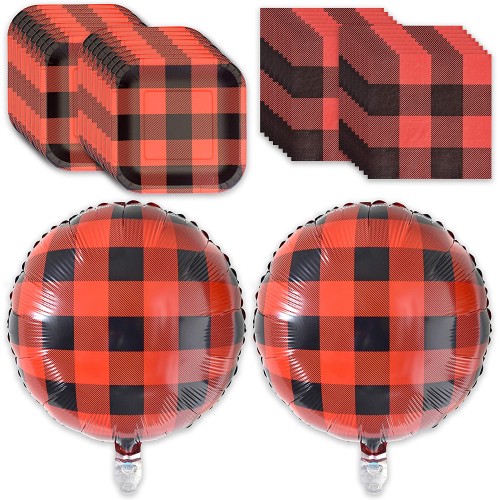 Havercamp Buffalo Plaid Party Pack for 16 Guests; Including 7 inch Plates Beverage Napkins and 2 Round 18” Mylar Balloons.