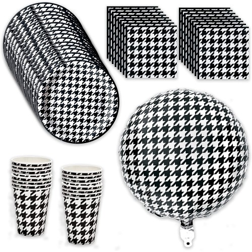 Havercamp Houndstooth Party Pack for 16 Guests; Including 7 inch Plates Beverage Napkins 12 oz. Cups and Mylar Balloon.