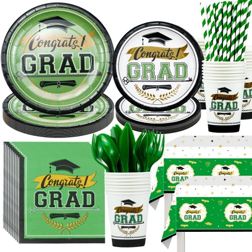 HIPEEWO Graduation Party Supplies Dinnerware Graduation Decorations 2022 Tableware Include Plate Napkin Cups Tablecloth Cutlery Straws Congrats Grad Decorations for Graduation Green | Serves 24