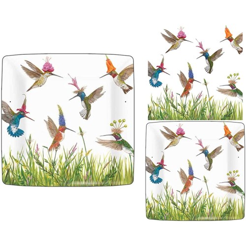 Hummingbird Themed Party Supply Pack: Bundle Includes Paper Plates and Napkins for 8 People in a Meadow Buzz Design by Vicki Sawyer