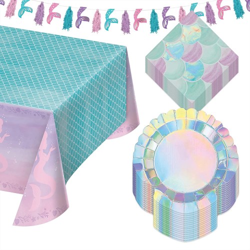 Mermaid Party Pack Shimmering Clamshell Paper Dessert Plates Napkins Table Cover and Tassel Banner Set Serves 16